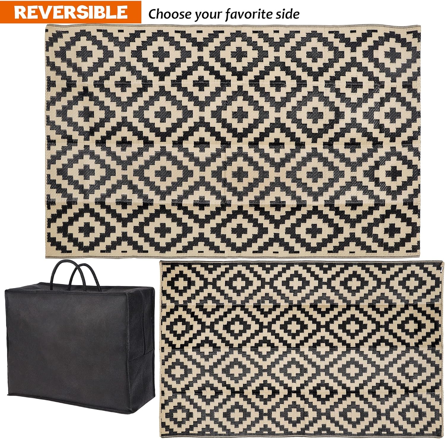 SAND MINE Waterproof Outdoor Rug 5x8 ft, Plastic Reversible Rug, Modern Area Rug, Large Floor Mat for Outdoors, RV, Patio, Backyard, Deck, Picnic, Beach, Camping, Black & Beige - Image 3